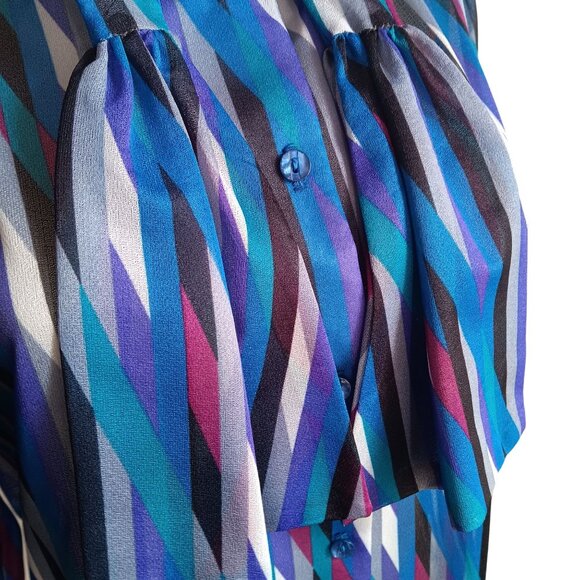12 Vintage Teddi California Sheer Striped Button-Up Blouse Tie Neck Puff Sleeves - Picture 5 of 8